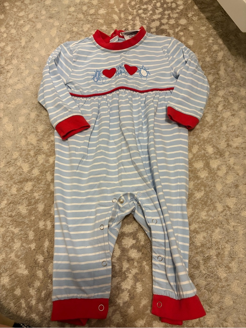 JellyBean “Love Bug” Baby Boy Blue & White Striped One-Piece with Red Trim